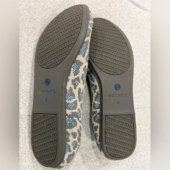 Rothy's Gray Leopard Knit Slip-On Flats with Blue Trim - Picture 2 of 6